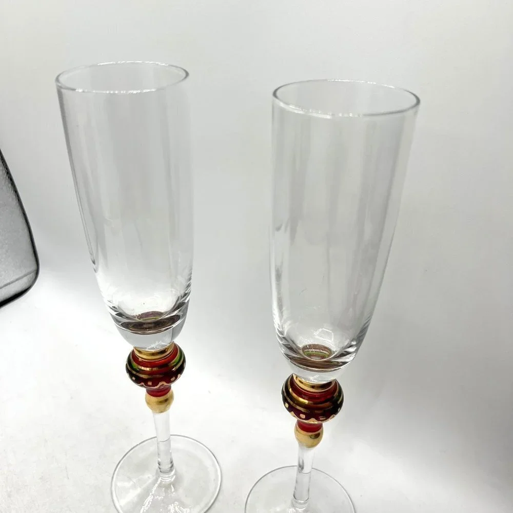 World Market Set of 2 Multicolor Gold Bulb Stem Moroccan Style 10.5” Wine Glasse - Picture 5 of 8